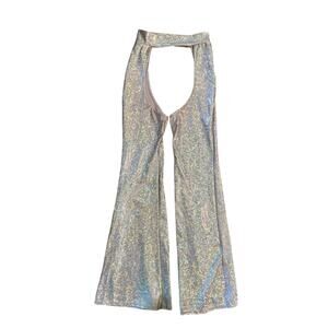 Women M Raveland Flared Cut-Out Shimmer Pants Disco Dance Burning Man Silver